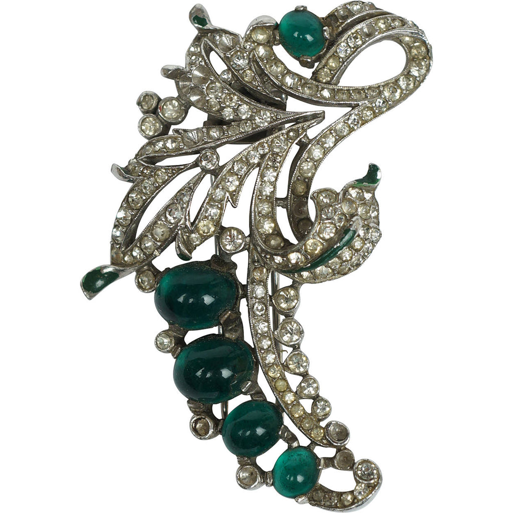 Crown Trifari 1940 Alfred Philippe Fur Clip Rhinestone &amp; Green Cabochons 122097 - Poppy's Vintage Clothing