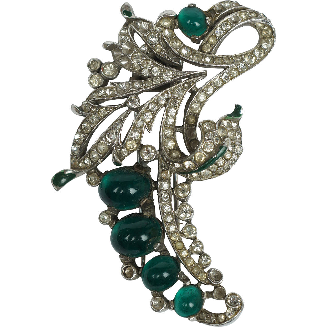 Crown Trifari 1940 Alfred Philippe Fur Clip Rhinestone &amp; Green Cabochons 122097 - Poppy's Vintage Clothing