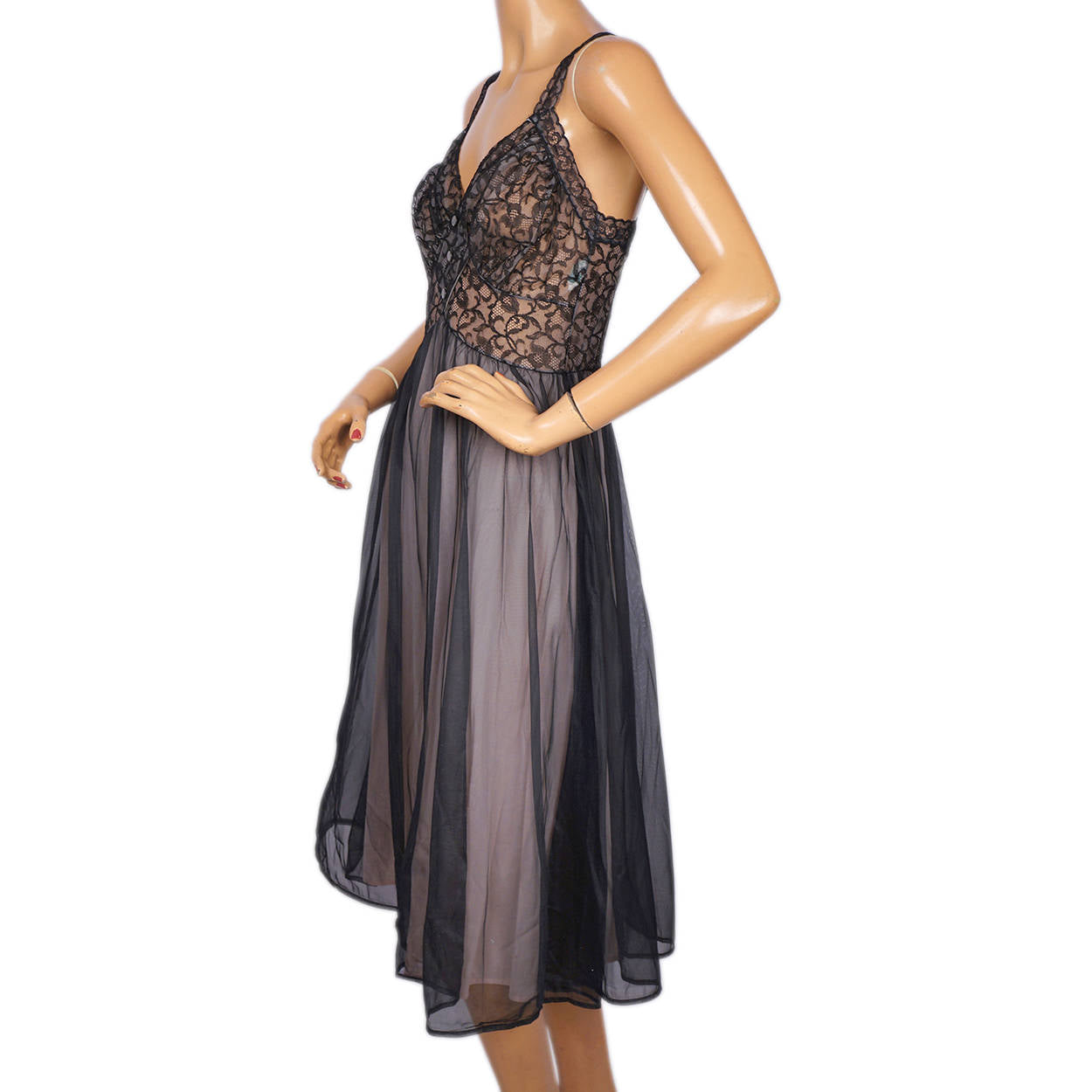 Vintage 1950s Nightie Peignoir Set Black Nylon w Lace Trillium Lingerie Size S - Poppy's Vintage Clothing