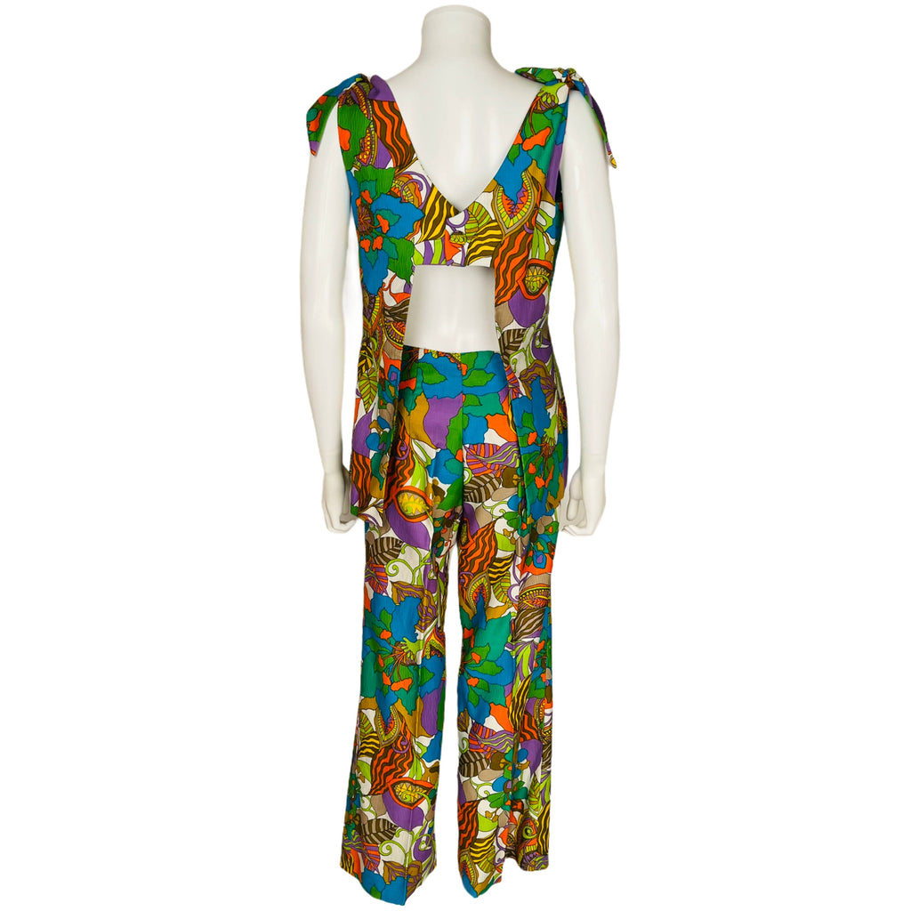 Vintage 60s Pantsuit Psychedelic Tropical Print Top w Pants