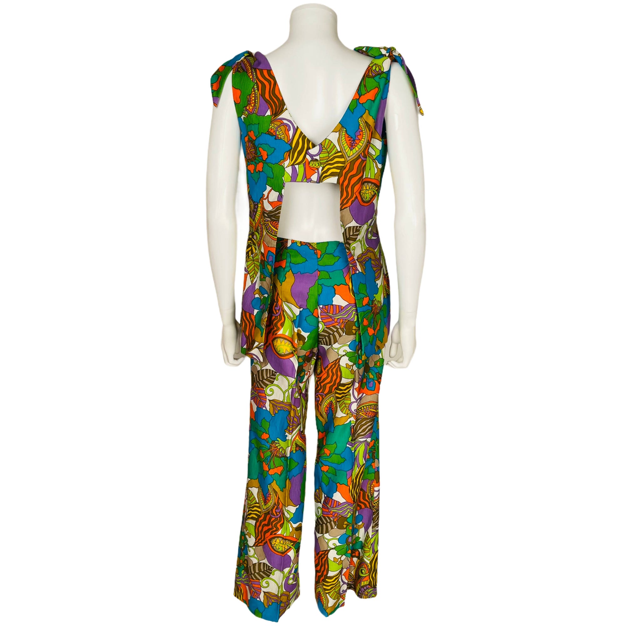 Vintage 60s Pantsuit Psychedelic Tropical Print Top w Pants