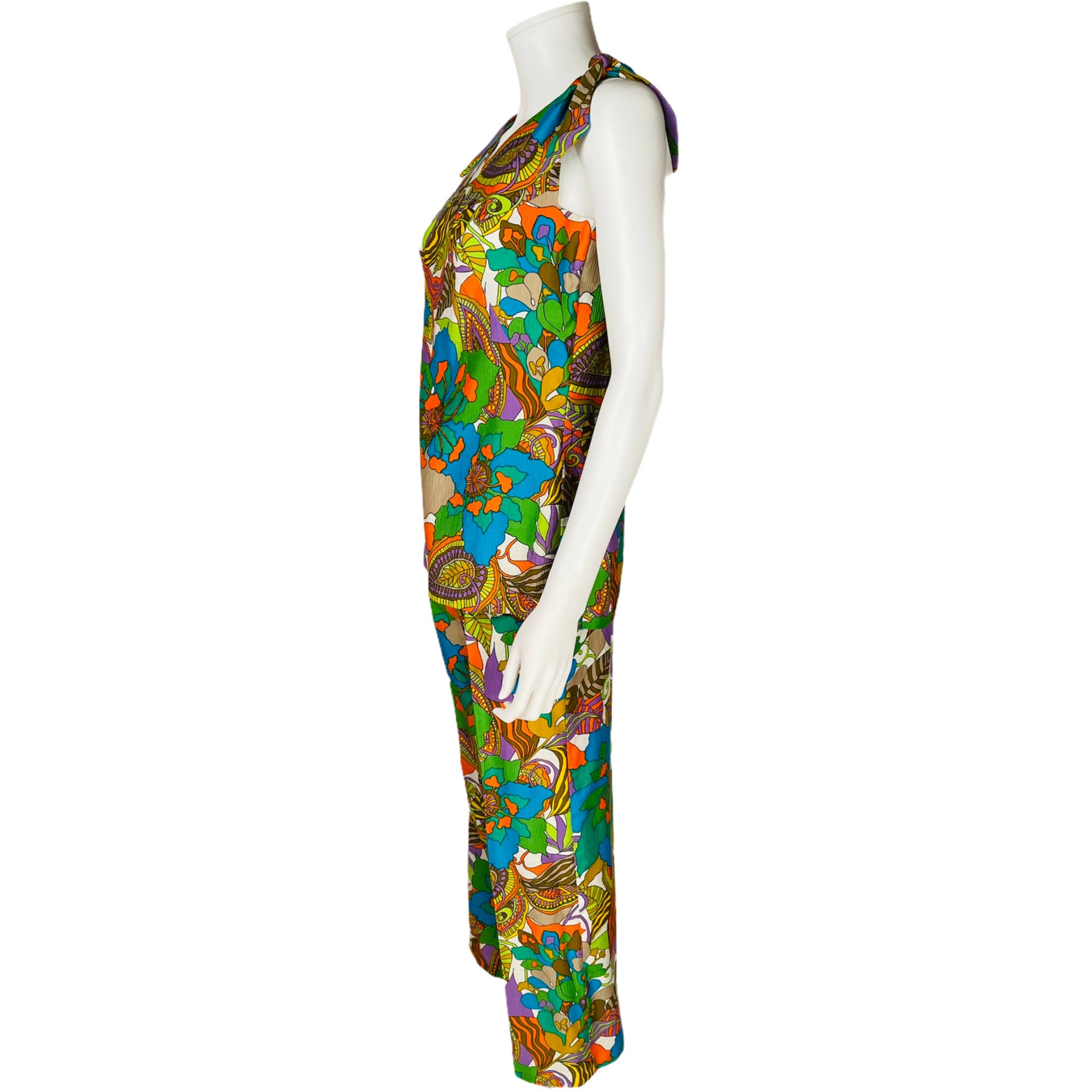 Vintage 60s Pantsuit Psychedelic Tropical Print Top w Pants