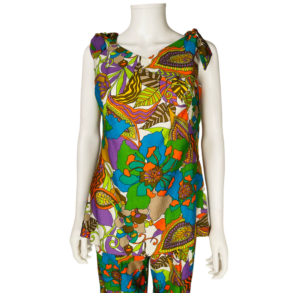 Vintage 60s Pantsuit Psychedelic Tropical Print Top w Pants