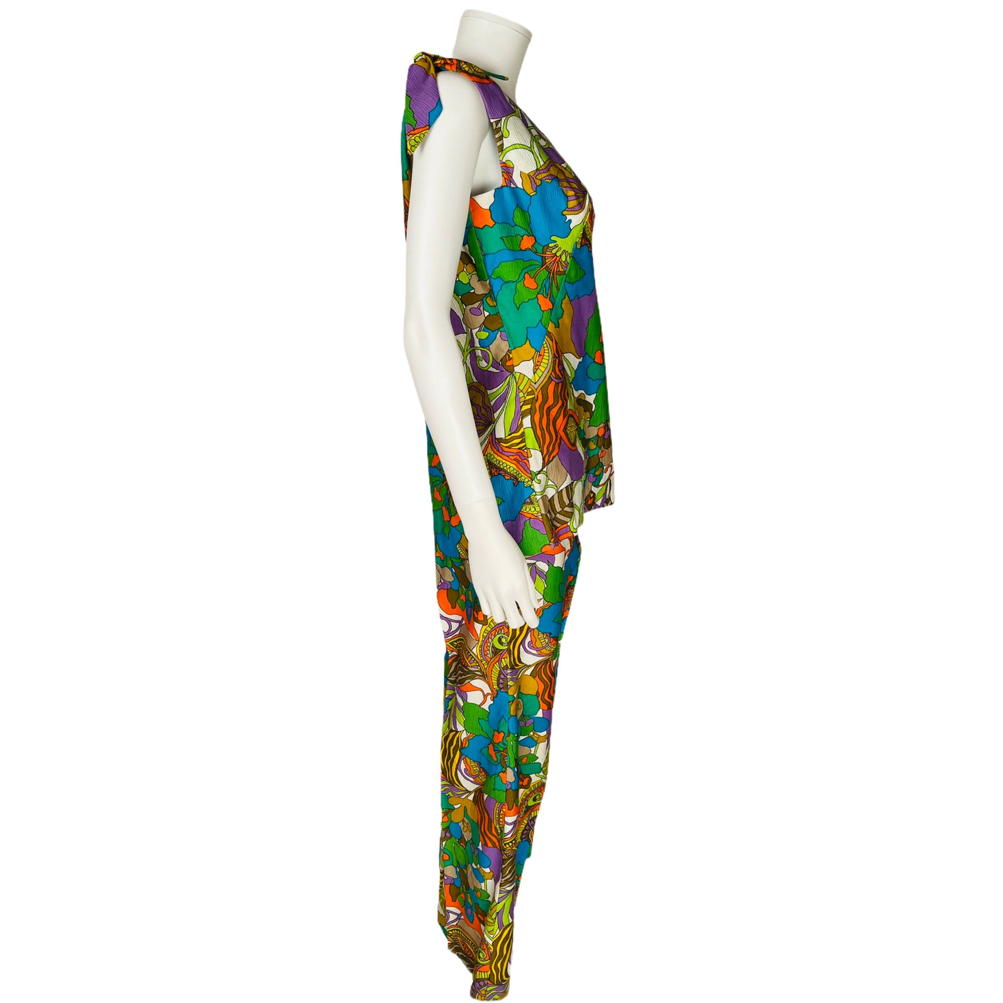 Vintage 60s Pantsuit Psychedelic Tropical Print Top w Pants