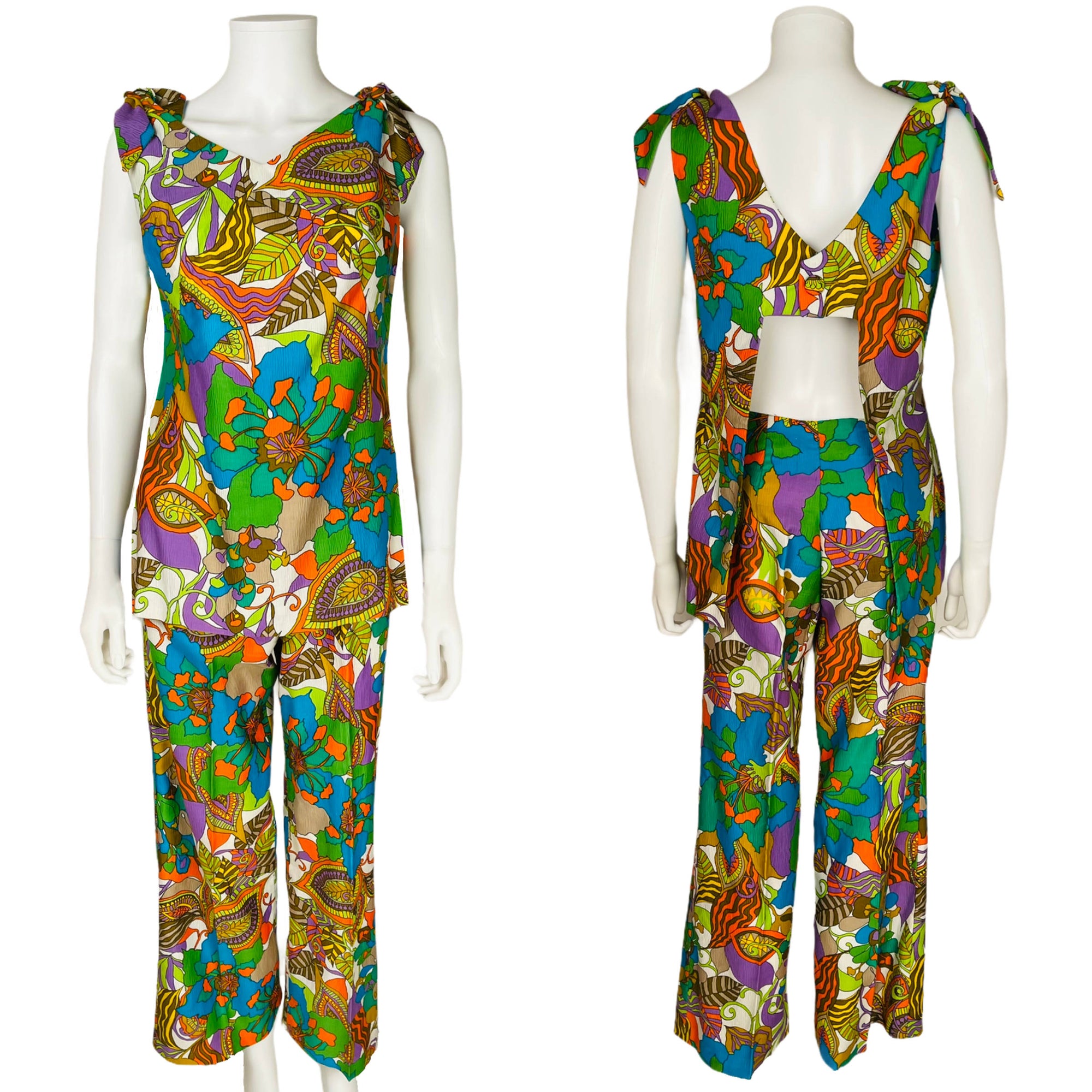Vintage 60s Pantsuit Psychedelic Tropical Print Top w Pants