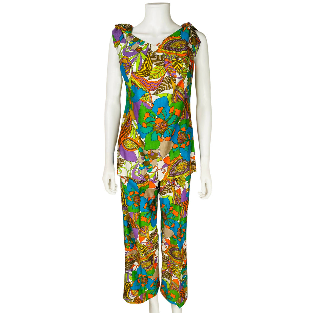 Vintage 60s Pantsuit Psychedelic Tropical Print Top w Pants