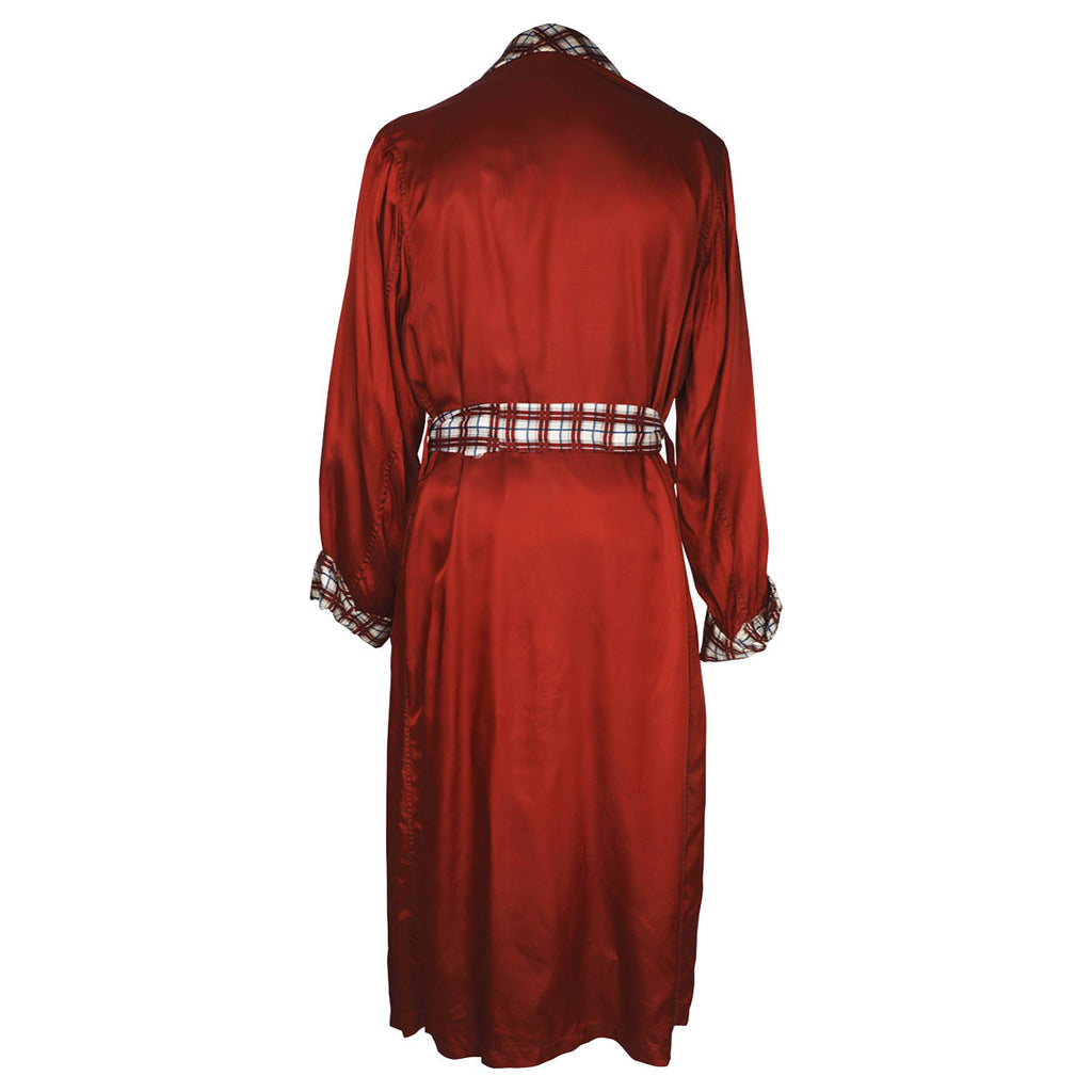 Vintage 1950s Mens Dressing Gown Red w Plaid Tulipe Smoking Lounging Robe L XL - Poppy's Vintage Clothing