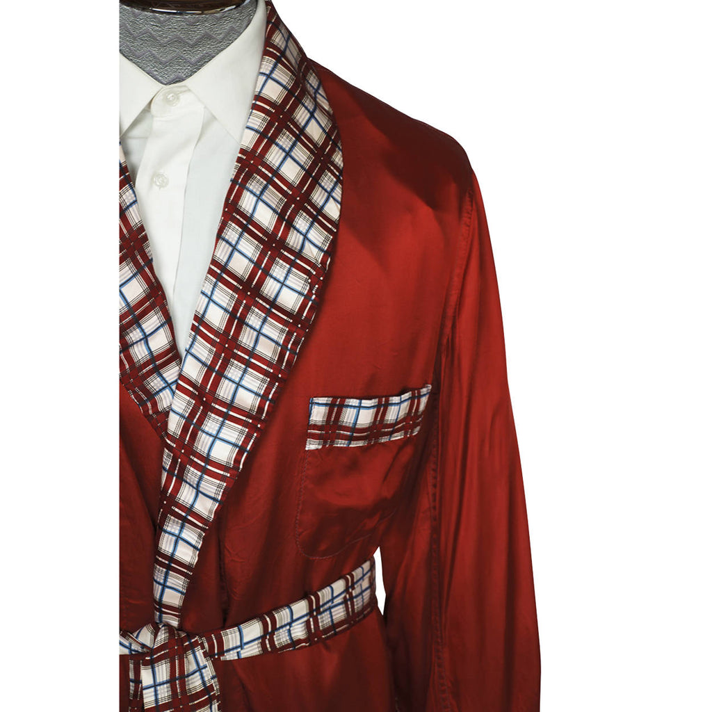 Vintage 1950s Mens Dressing Gown Red w Plaid Tulipe Smoking Lounging Robe L XL - Poppy's Vintage Clothing