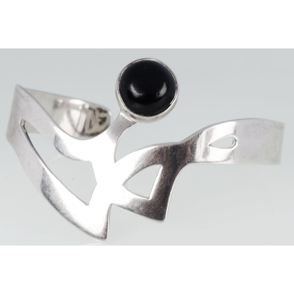 Modernist Mexican Sterling Silver Cuff Bracelet w Onyx Stone TS-70 Two Trees - Poppy's Vintage Clothing