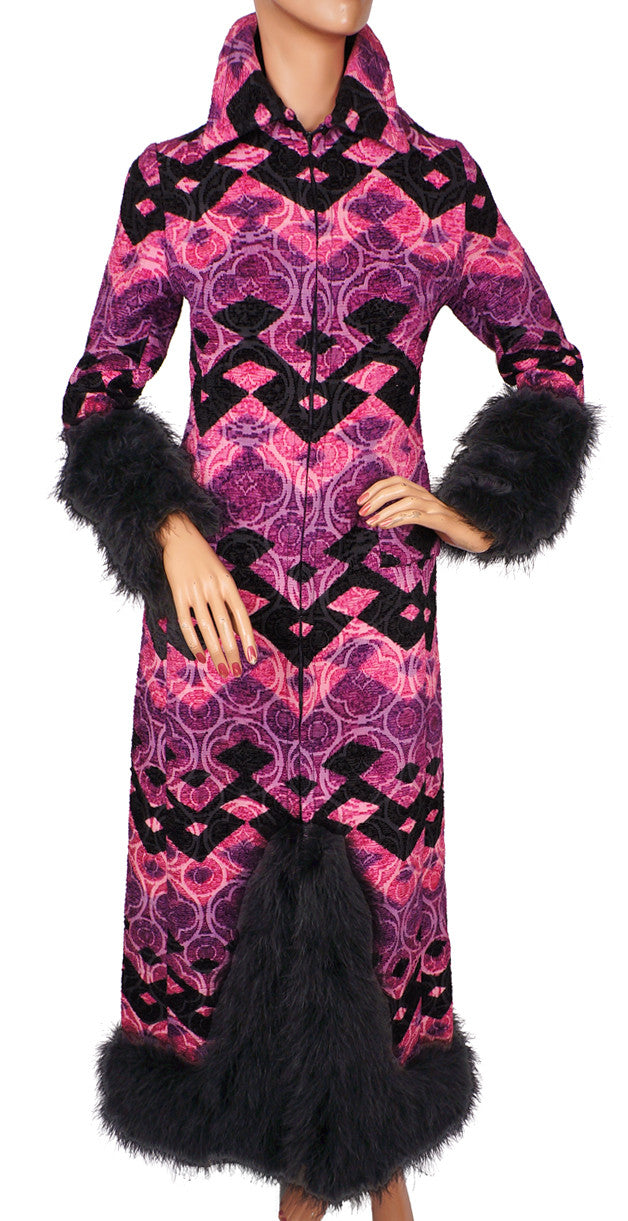 Vintage Tapestry Evening Gown Marabou Feather Ulrique Paris Couture Dress - S - Poppy's Vintage Clothing