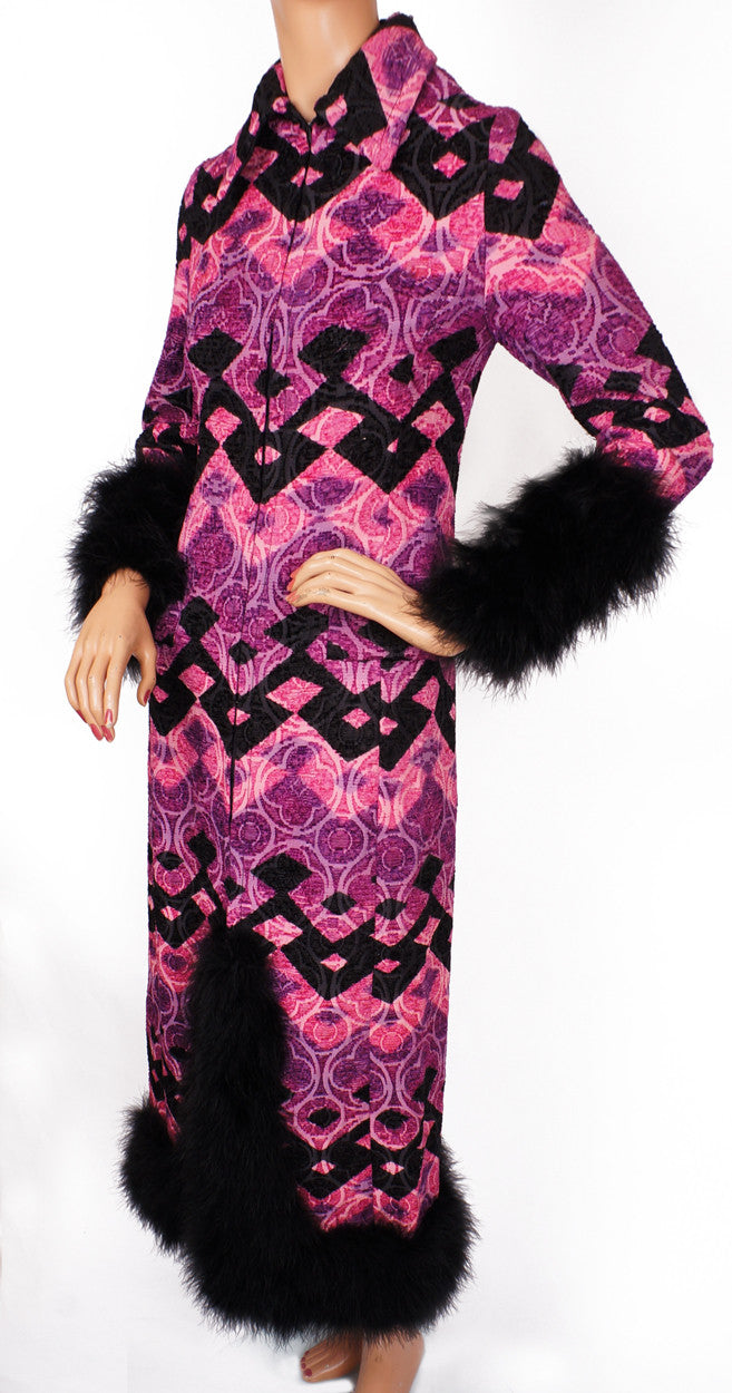 Vintage Tapestry Evening Gown Marabou Feather Ulrique Paris Couture Dress - S - Poppy's Vintage Clothing