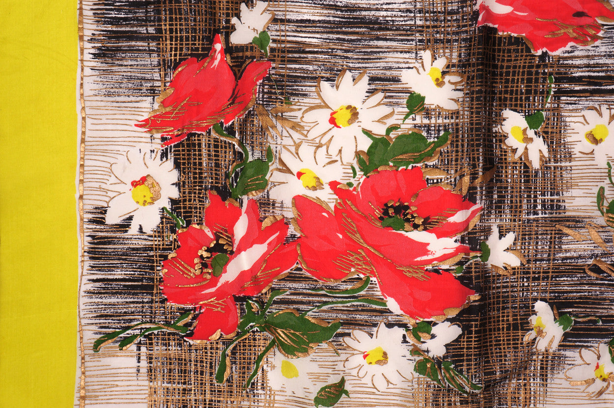 Vintage Unused Silk Scarf Gold Silkscreened Floral Pattern Unfinished Edge 1950s NOS - Poppy's Vintage Clothing