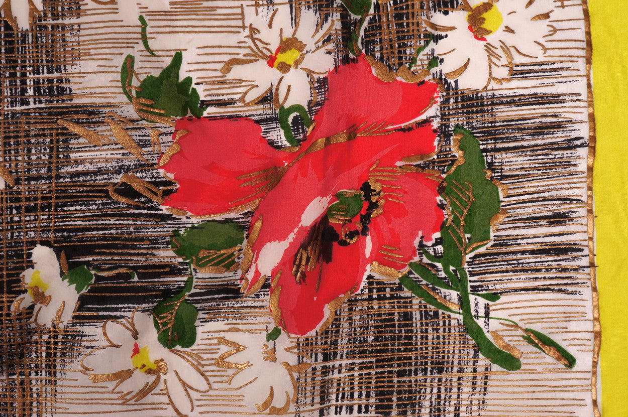 Vintage Unused Silk Scarf Gold Silkscreened Floral Pattern Unfinished Edge 1950s NOS - Poppy's Vintage Clothing
