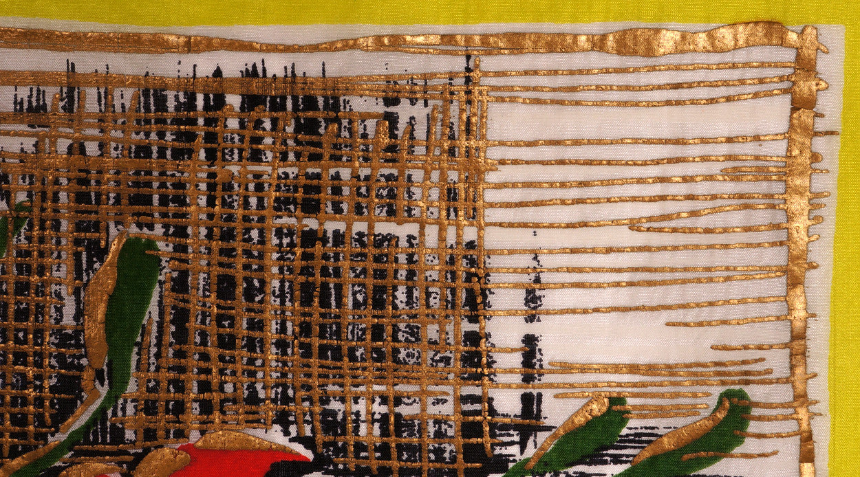 Vintage Unused Silk Scarf Gold Silkscreened Floral Pattern Unfinished Edge 1950s NOS - Poppy's Vintage Clothing