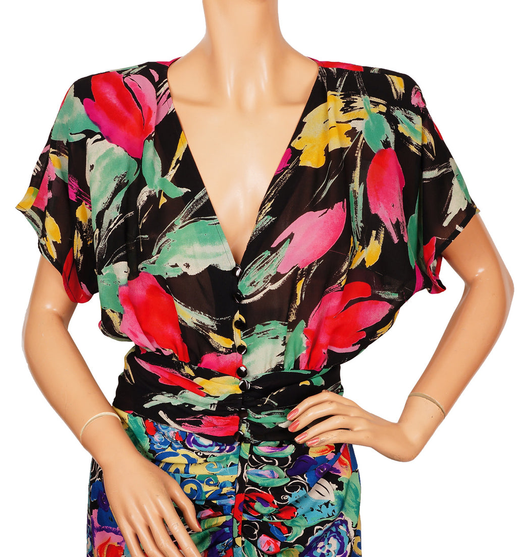 Vintage 1980s Ungaro Parallele Separates Blouse & Skirt Floral Silk Size S / M - Poppy's Vintage Clothing