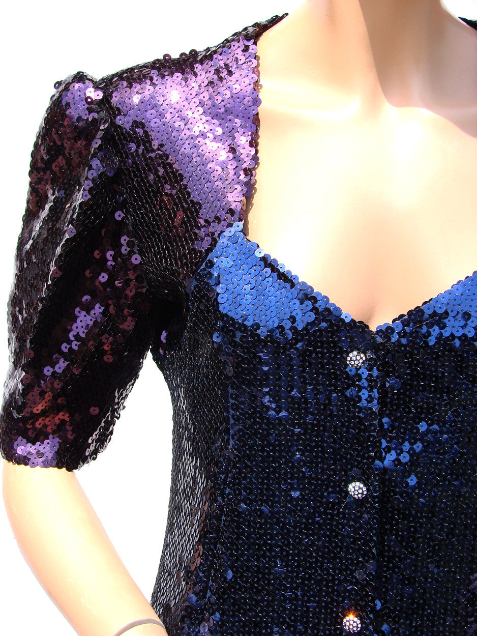 Vintage 1980s Dress - Emanuel Ungaro - Purple and Blue Sequins - Poppy's Vintage Clothing