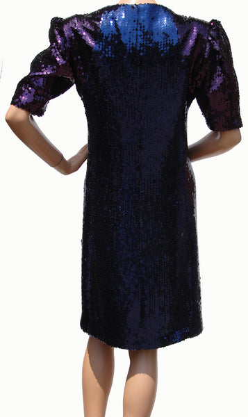 Vintage 1980s Yves Saint Laurent Violet Blue Sequin Lace Party Dress Size M