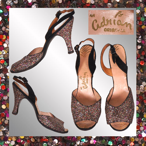 Vintage 1950s Glitter Shoes - Suede Peep Toe - 4 Inch Heel - Adrian Original - Poppy's Vintage Clothing