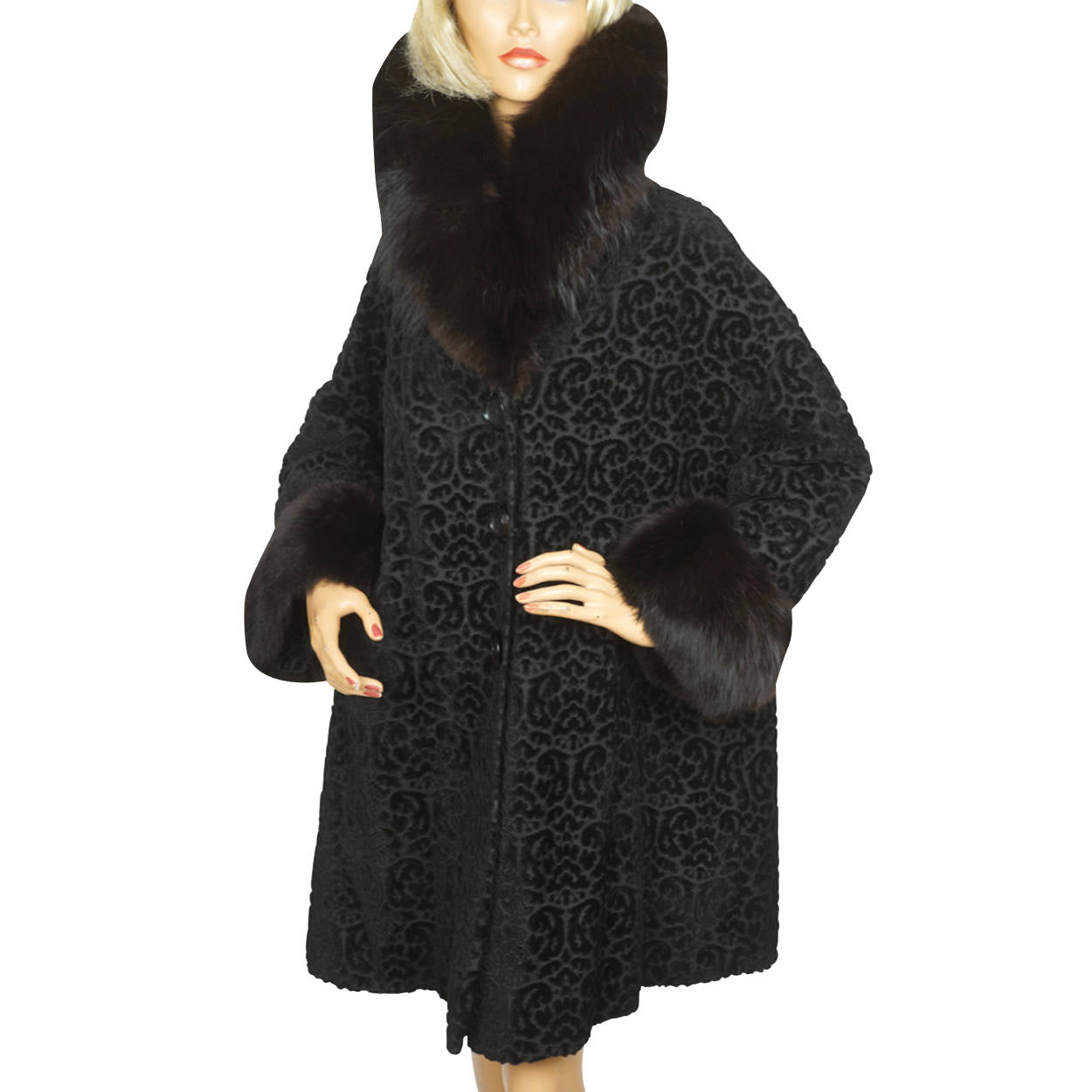 Vintage 1950s Black Velvet Brocade Coat Velourette Ladies L XL - Poppy's Vintage Clothing