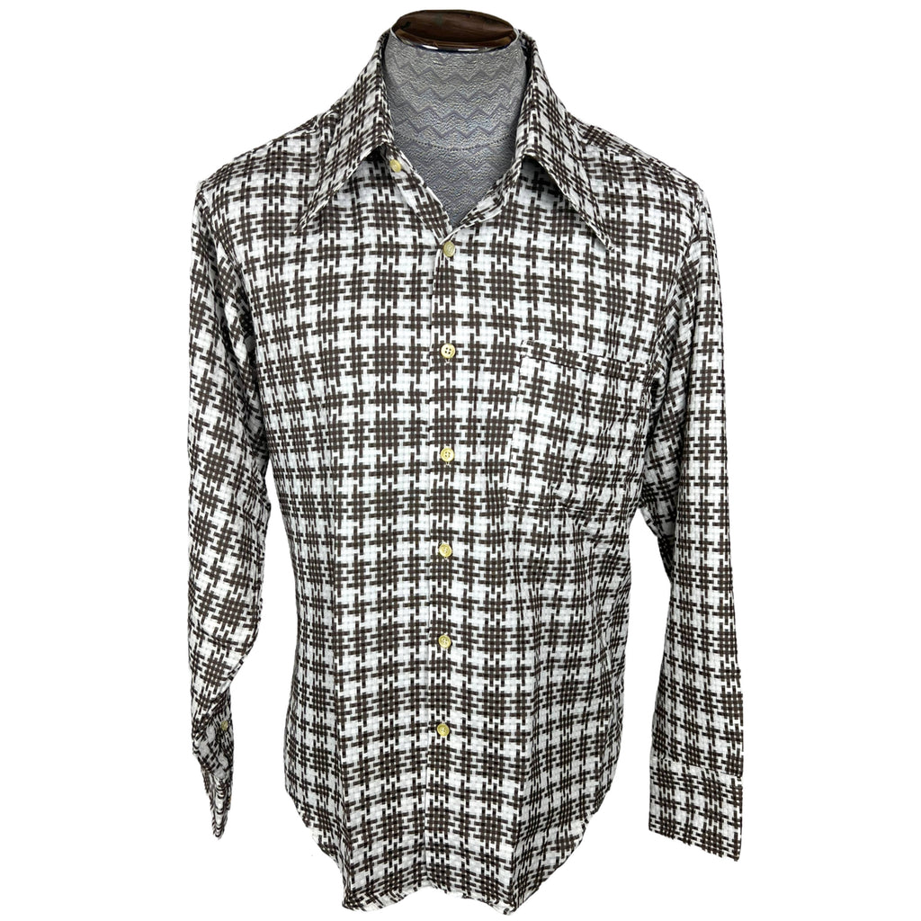 Vintage 1970s Shirt Pointy Collar Brown & White Check Sz XL