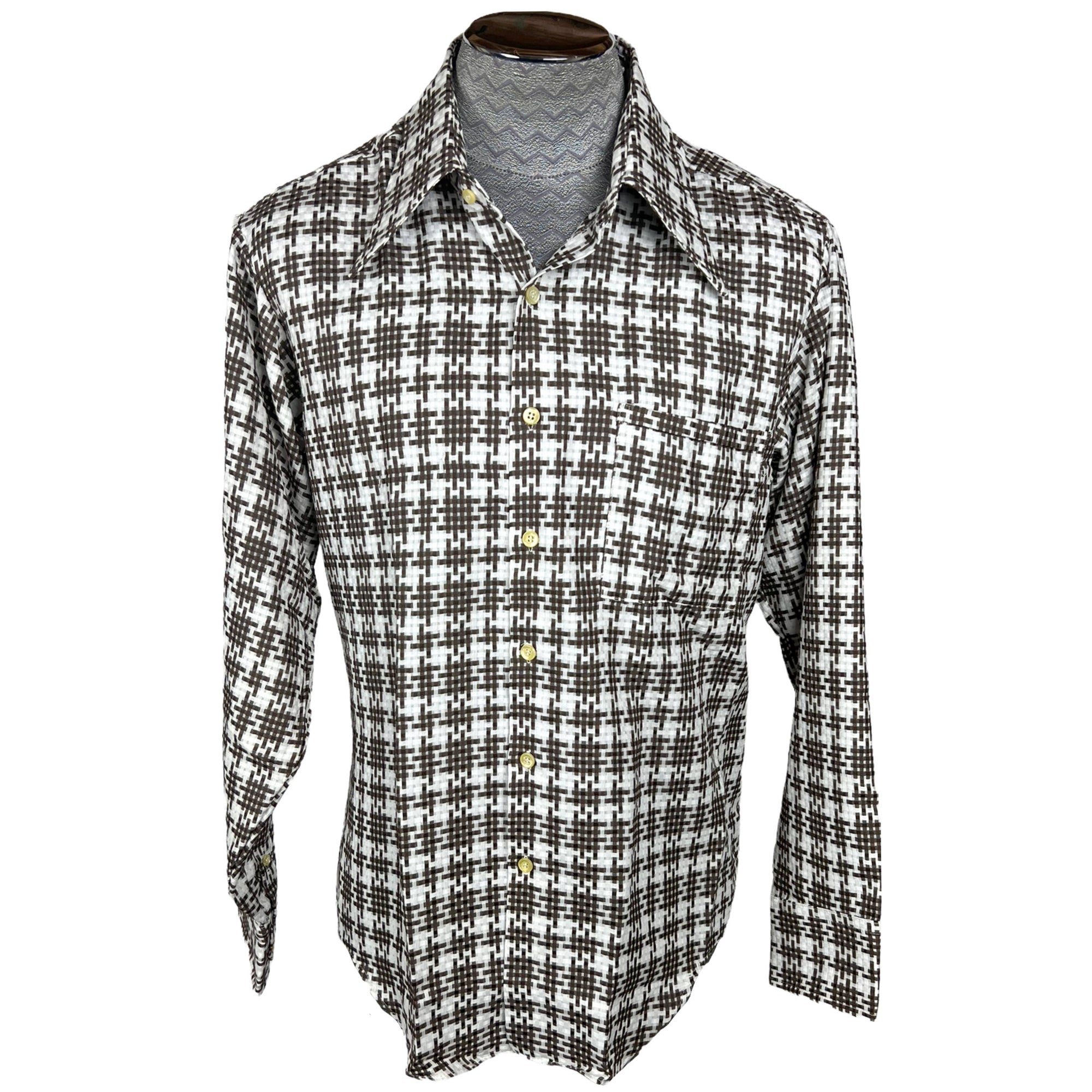 Vintage 1970s Shirt Pointy Collar Brown & White Check Sz XL