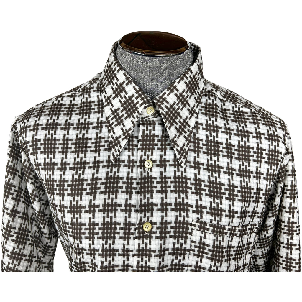 Vintage 1970s Shirt Pointy Collar Brown & White Check Sz XL