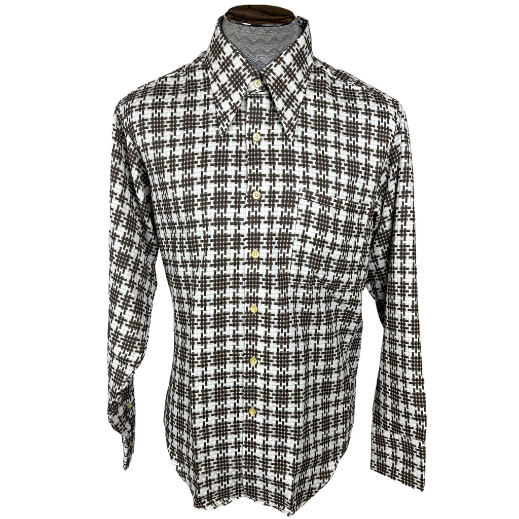 Vintage 1970s Shirt Pointy Collar Brown & White Check Sz XL