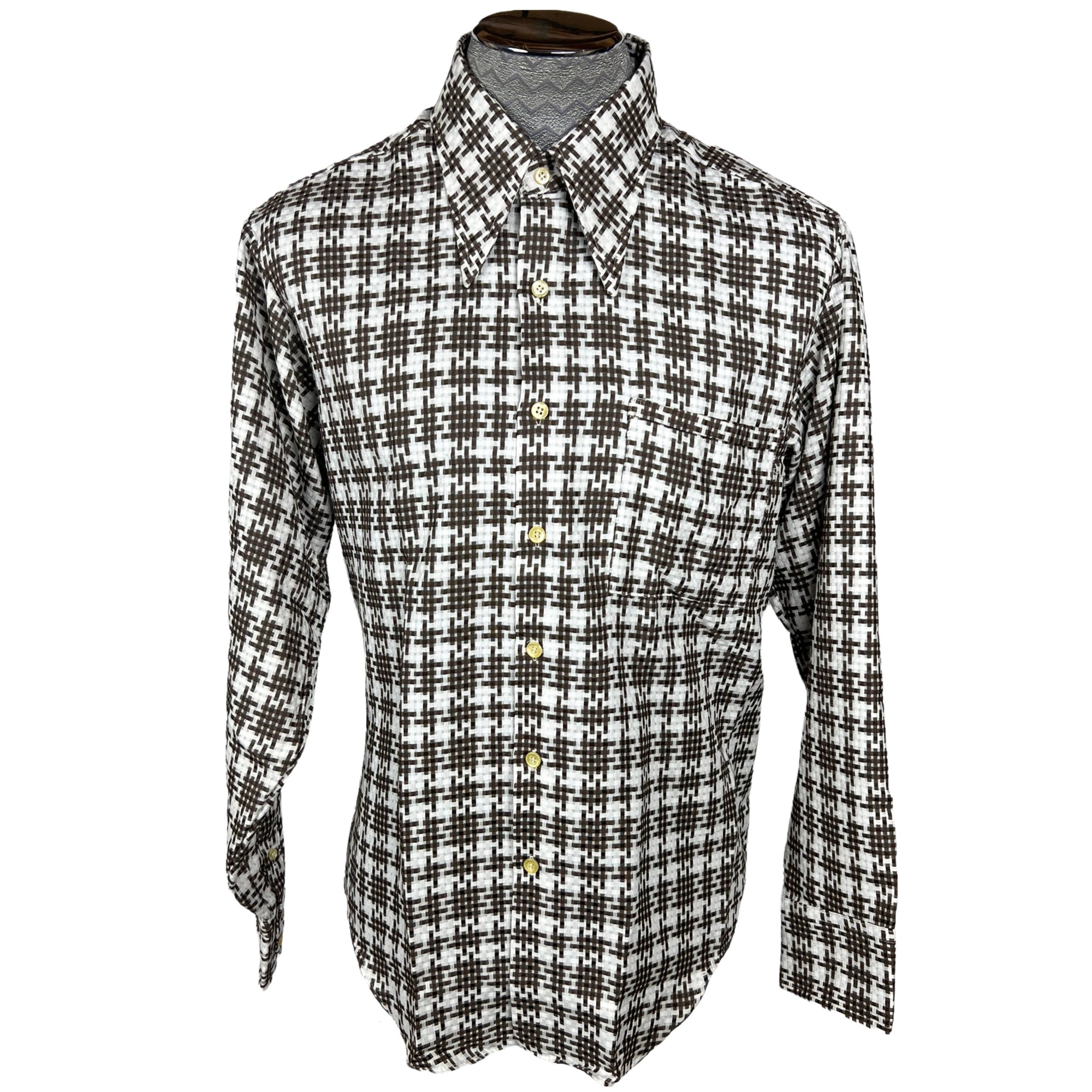 Vintage 1970s Shirt Pointy Collar Brown & White Check Sz XL