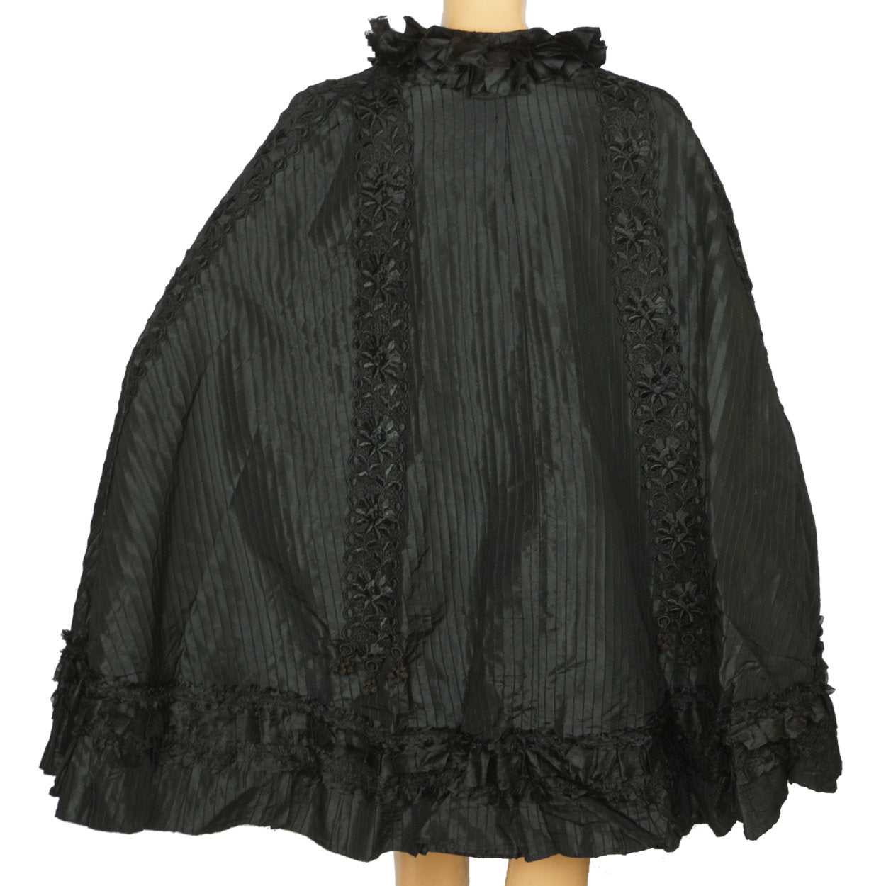 Antique Victorian Mourning Cape Black Silk Hip Cloak with Lace Ribbon Decoration - Poppy's Vintage Clothing