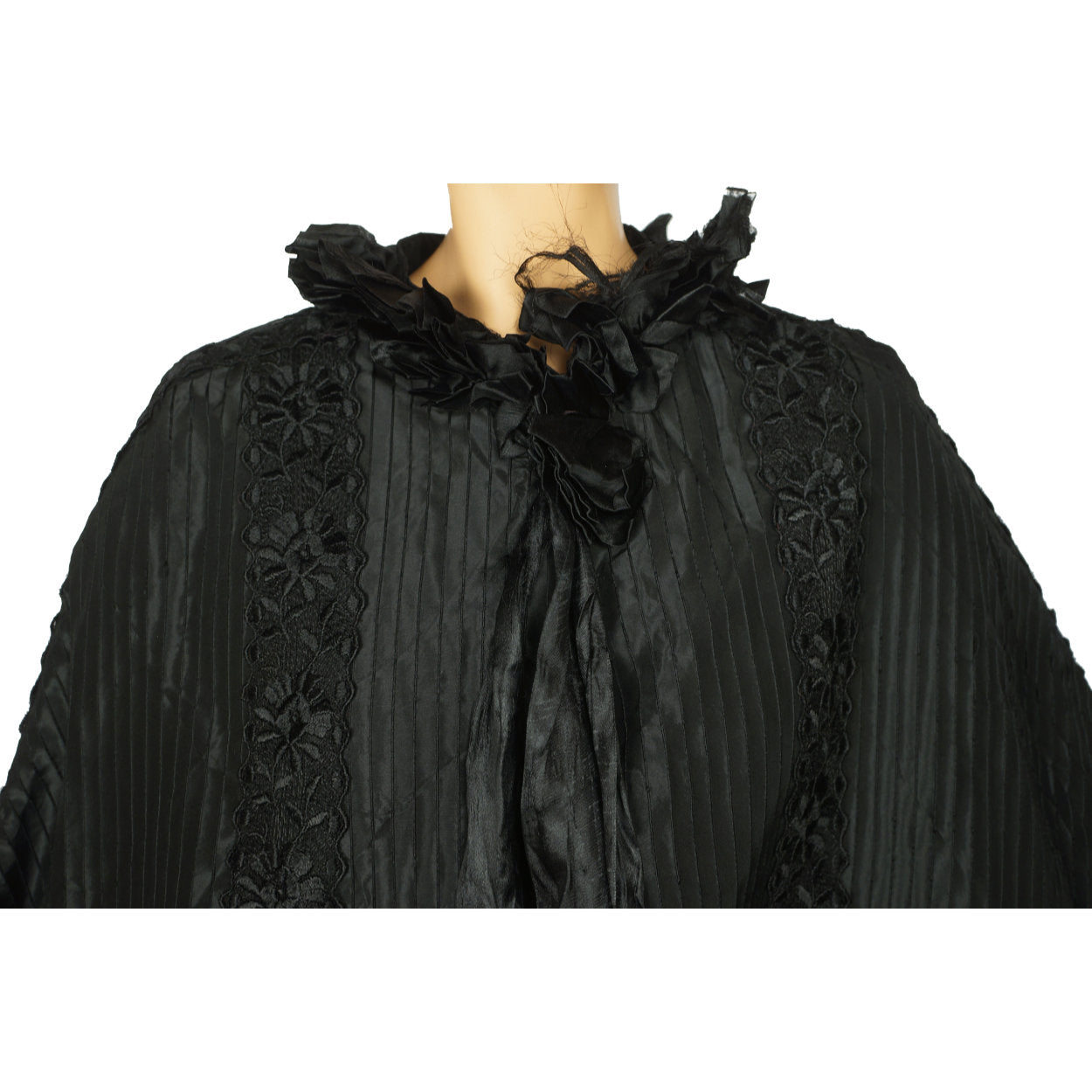 Antique Victorian Mourning Cape Black Silk Hip Cloak with Lace Ribbon Decoration - Poppy's Vintage Clothing