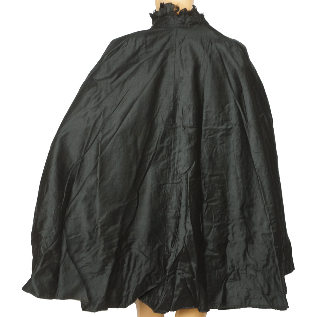 Antique Victorian Mourning Cape Black Silk Hip Cloak with Lace Ribbon Decoration - Poppy's Vintage Clothing