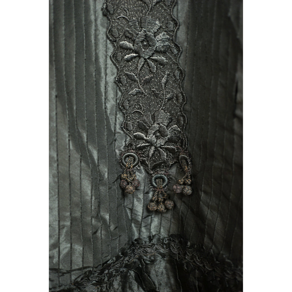 Antique Victorian Mourning Cape Black Silk Hip Cloak with Lace Ribbon Decoration - Poppy's Vintage Clothing