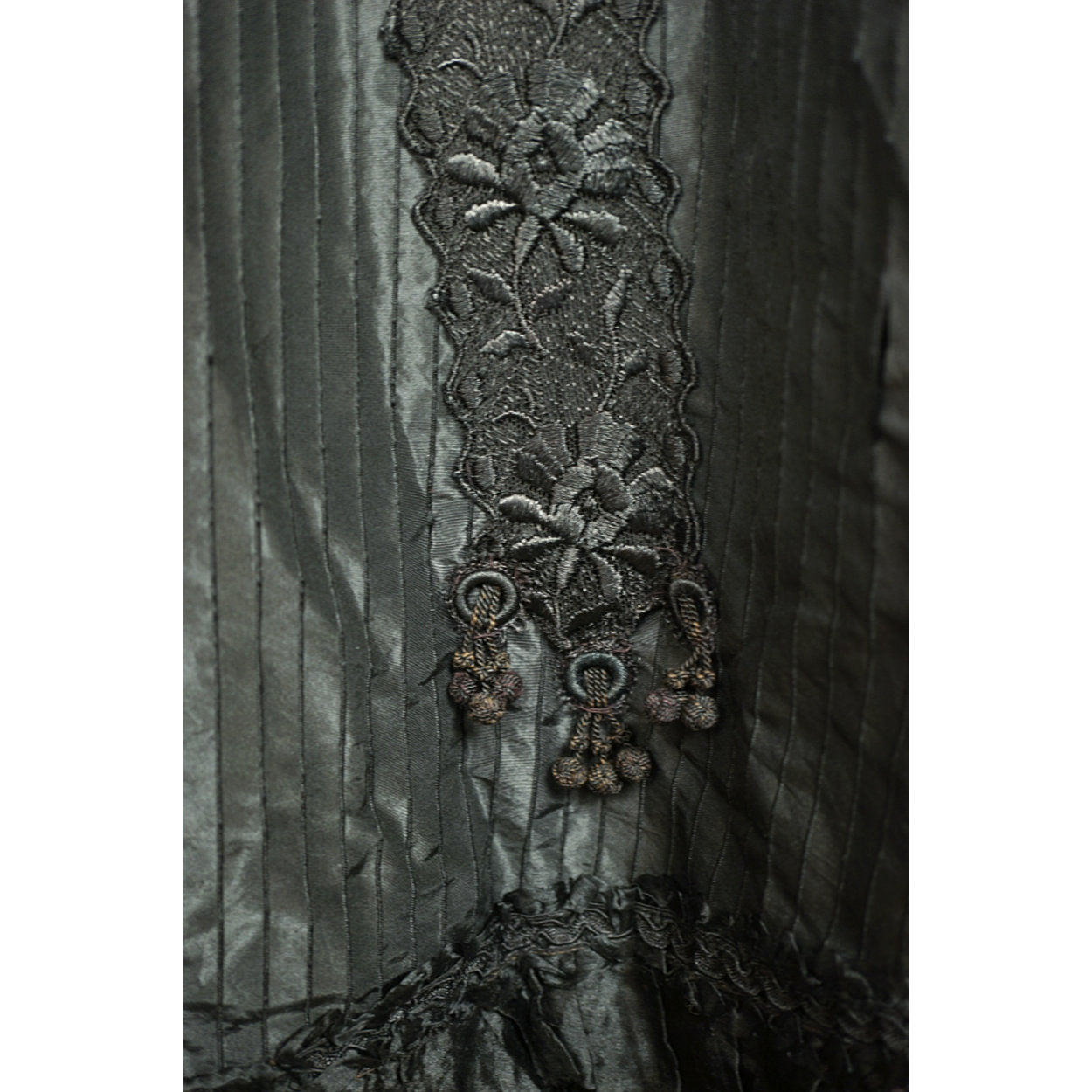 Antique Victorian Mourning Cape Black Silk Hip Cloak with Lace Ribbon Decoration - Poppy's Vintage Clothing