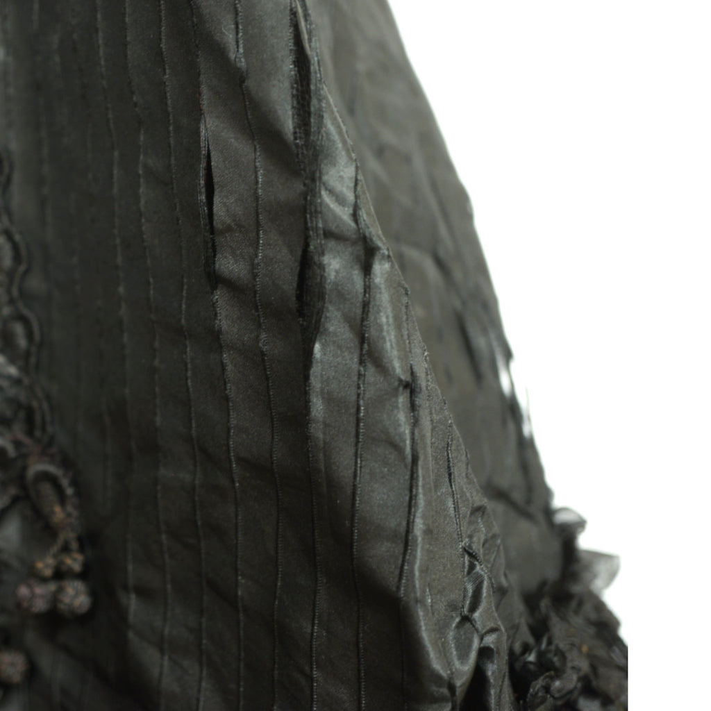 Antique Victorian Mourning Cape Black Silk Hip Cloak with Lace Ribbon Decoration - Poppy's Vintage Clothing