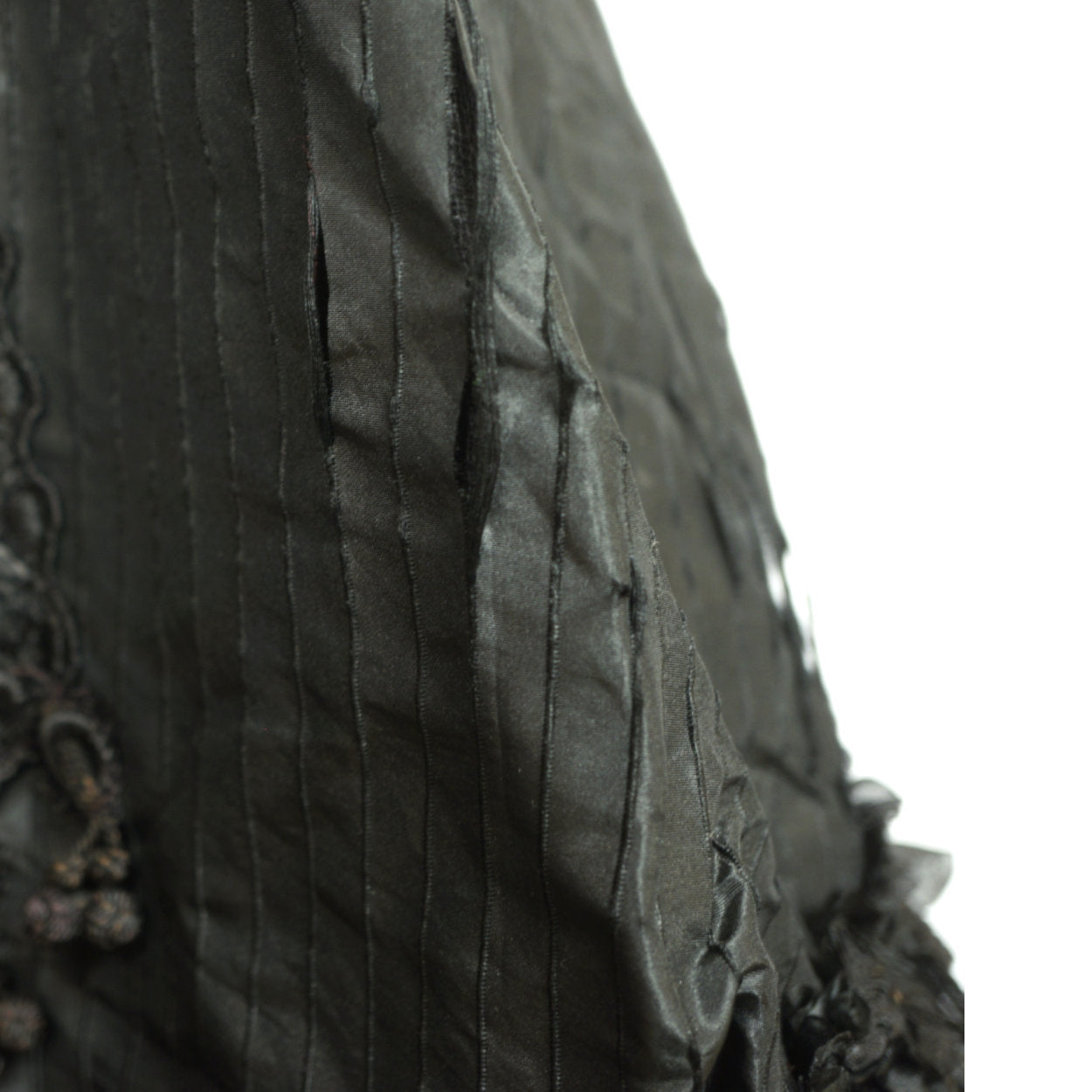 Antique Victorian Mourning Cape Black Silk Hip Cloak with Lace Ribbon Decoration - Poppy's Vintage Clothing
