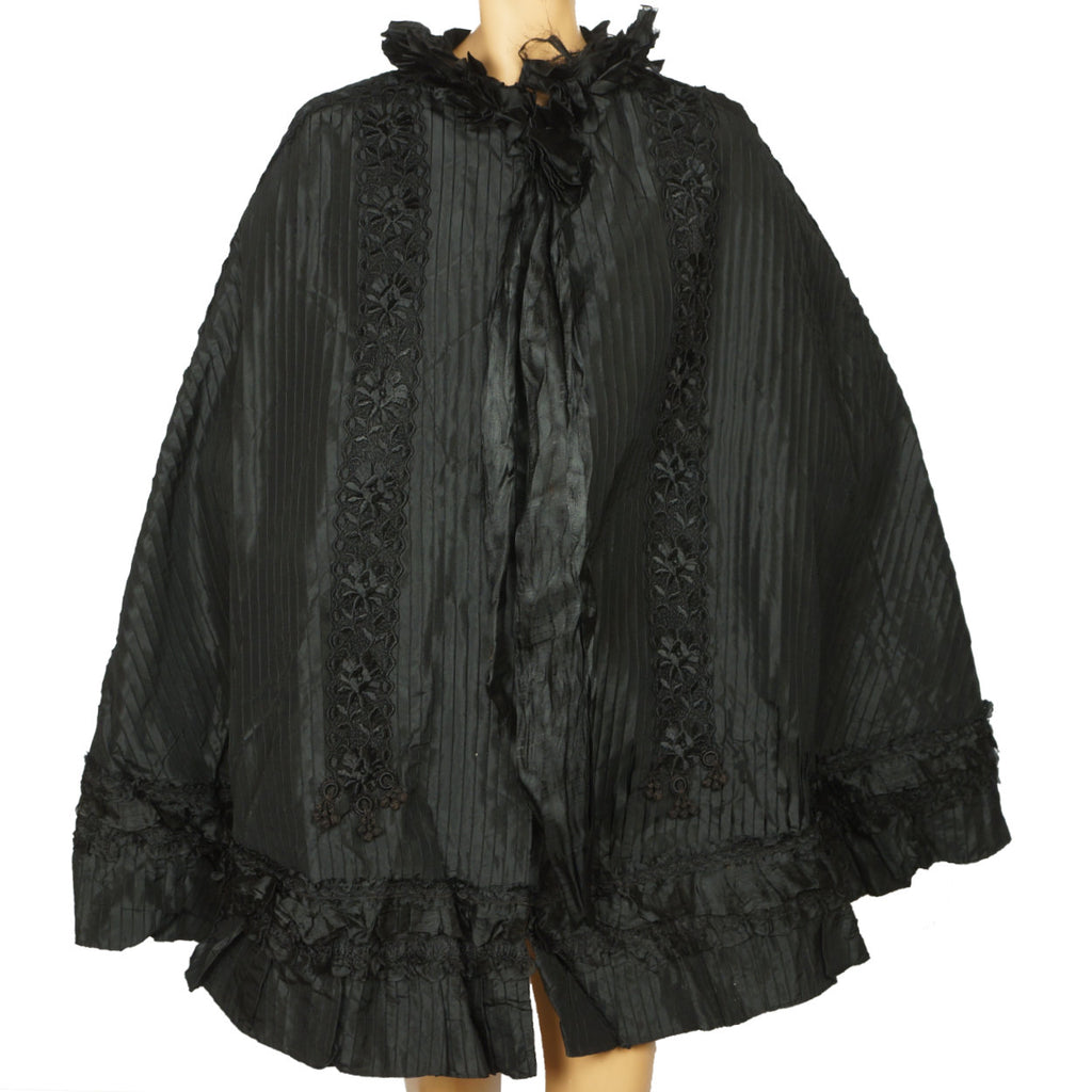 Antique Victorian Mourning Cape Black Silk Hip Cloak with Lace Ribbon Decoration - Poppy's Vintage Clothing
