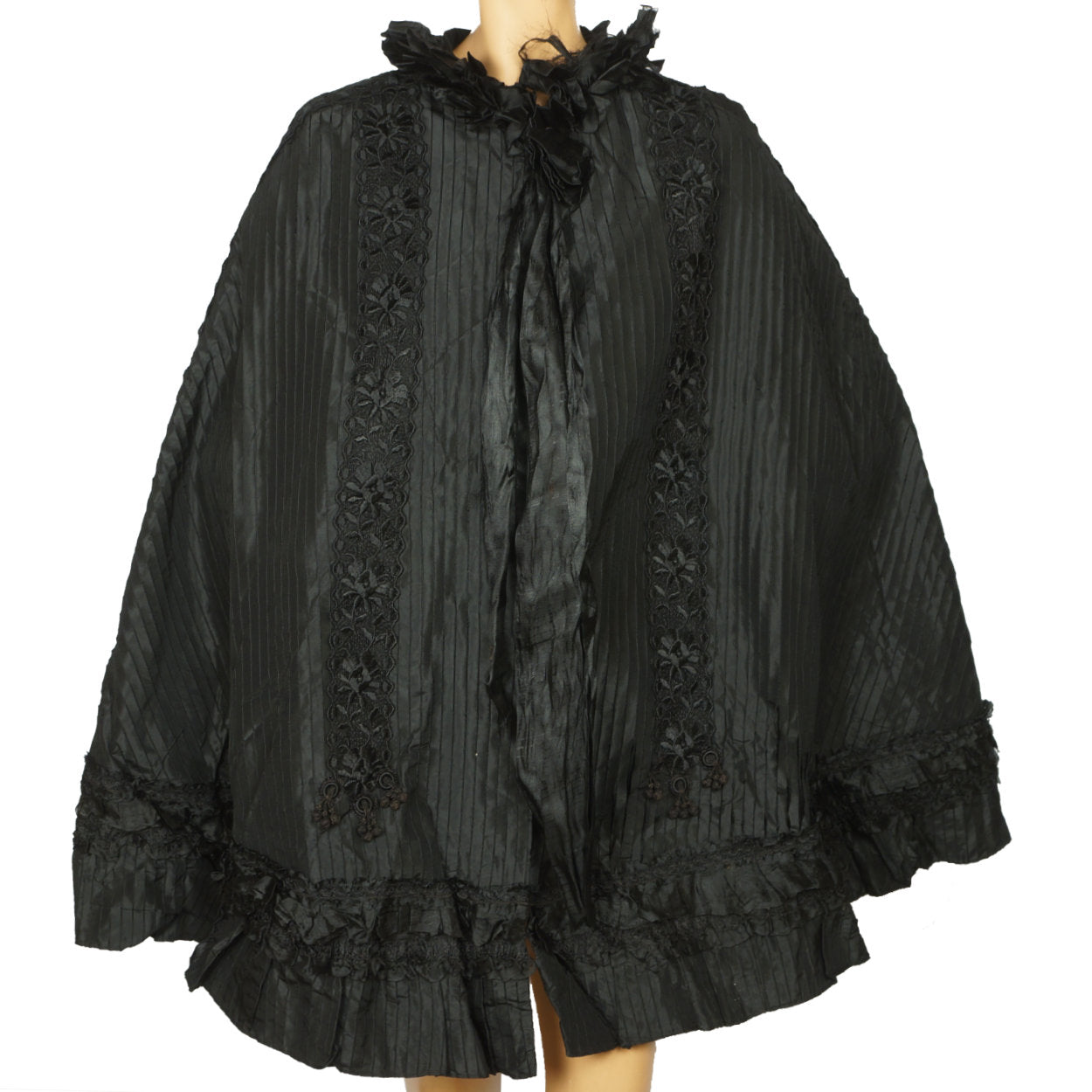 Antique Victorian Mourning Cape Black Silk Hip Cloak with Lace Ribbon Decoration - Poppy's Vintage Clothing