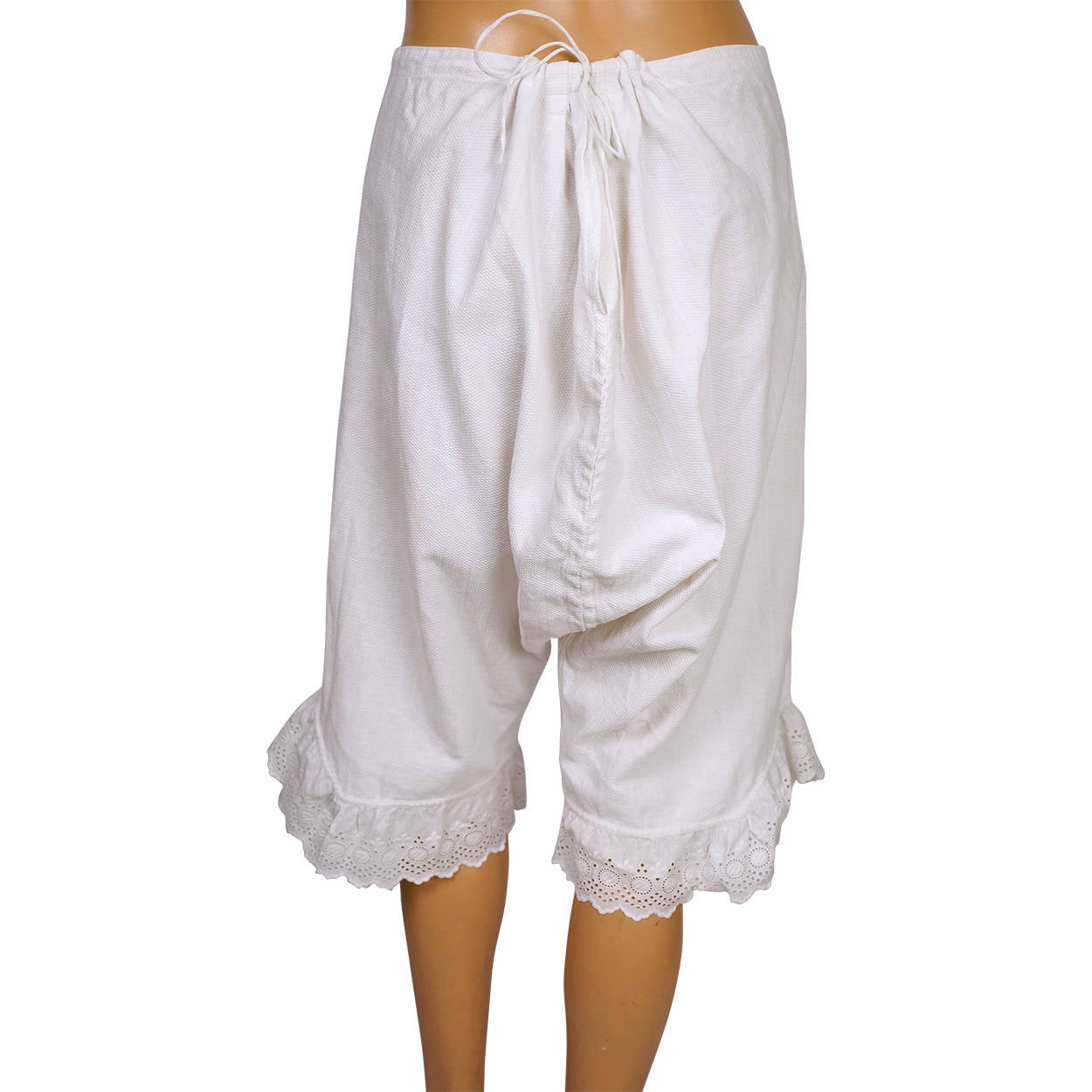 Antique Victorian White Woven Cotton Drawers with Eyelet Trim Ladies Underwear - Poppy's Vintage Clothing