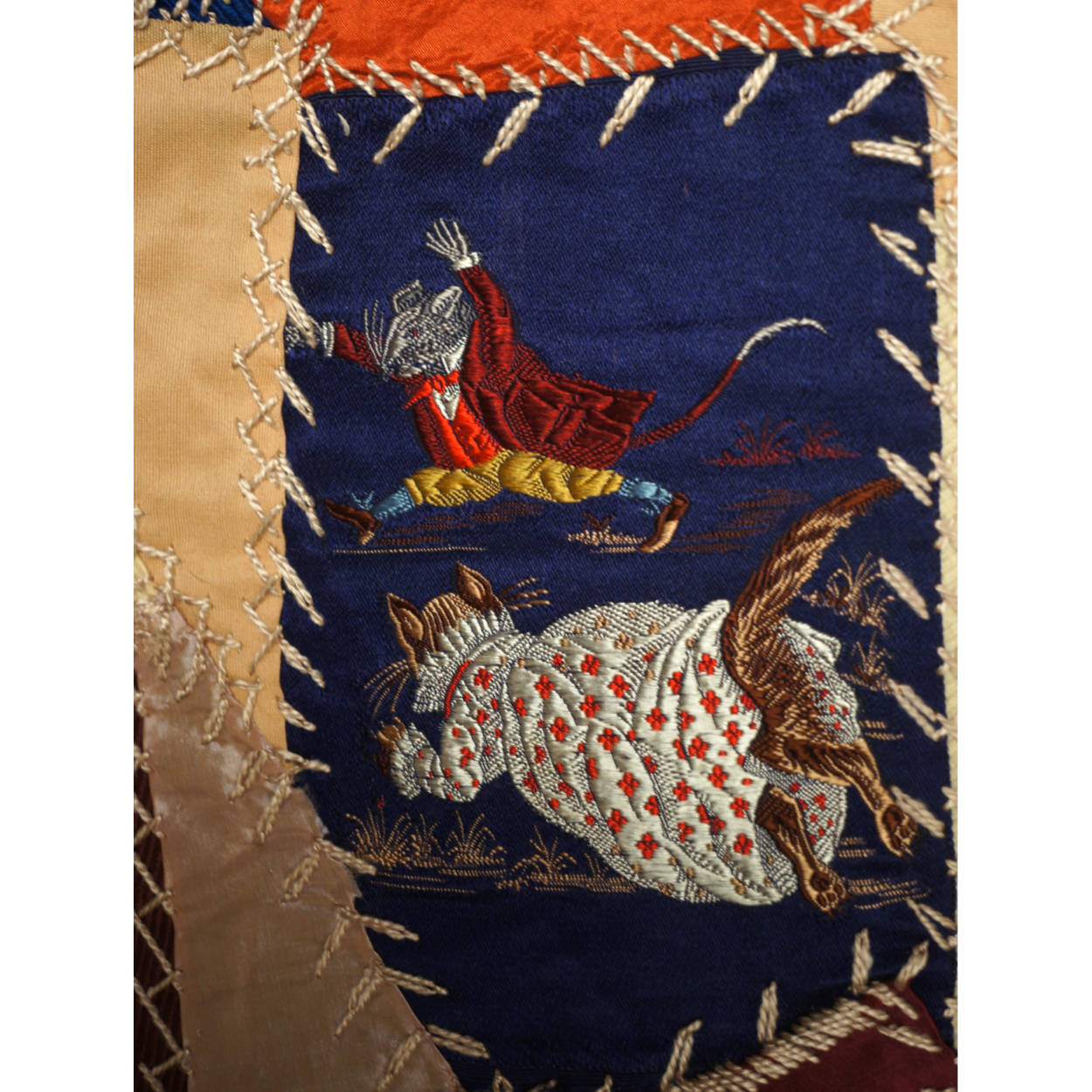 Antique Victorian Crazy Quilt Velvets Woven Silks Cats Mice Dwarves 55 x 72 1890 - Poppy's Vintage Clothing