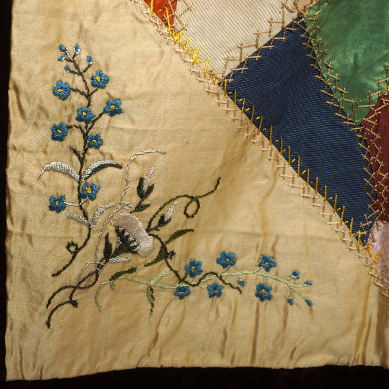 Antique Victorian Crazy Quilt Velvets Woven Silks Cats Mice Dwarves 55 x 72 1890 - Poppy's Vintage Clothing