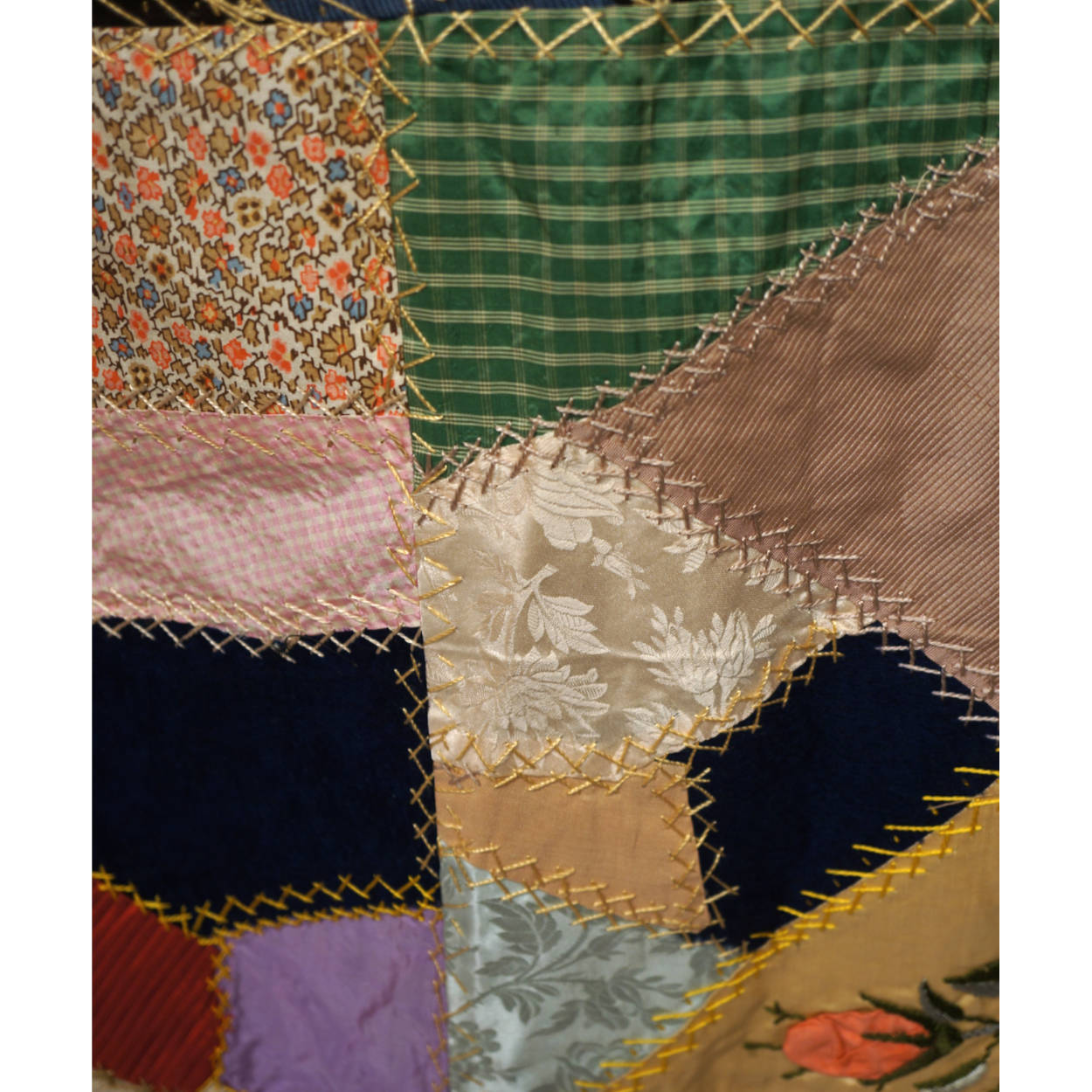 Antique Victorian Crazy Quilt Velvets Woven Silks Cats Mice Dwarves 55 x 72 1890 - Poppy's Vintage Clothing
