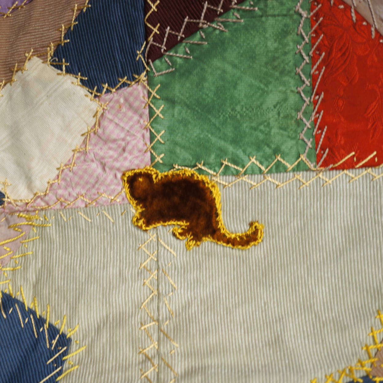 Antique Victorian Crazy Quilt Velvets Woven Silks Cats Mice Dwarves 55 x 72 1890 - Poppy's Vintage Clothing