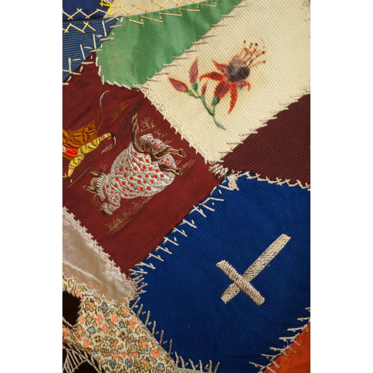 Antique Victorian Crazy Quilt Velvets Woven Silks Cats Mice Dwarves 55 x 72 1890 - Poppy's Vintage Clothing