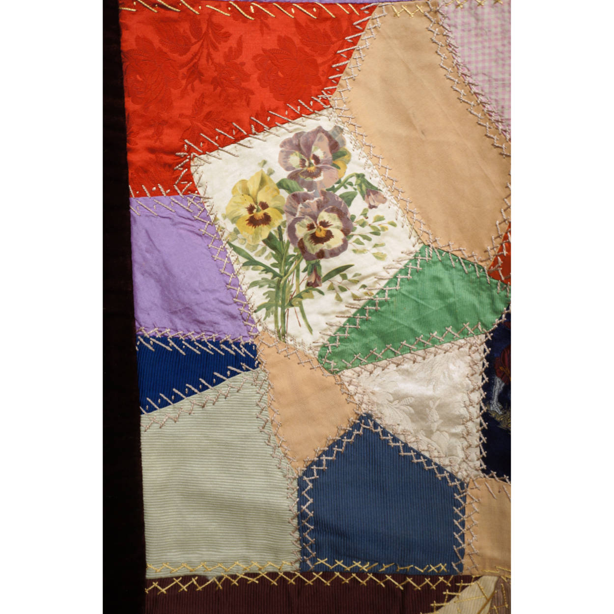 Antique Victorian Crazy Quilt Velvets Woven Silks Cats Mice Dwarves 55 x 72 1890 - Poppy's Vintage Clothing