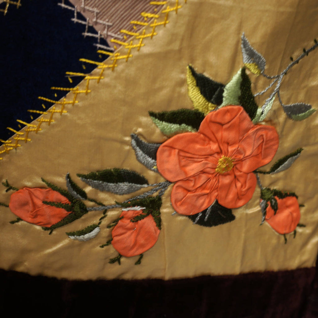 Antique Victorian Crazy Quilt Velvets Woven Silks Cats Mice Dwarves 55 x 72 1890 - Poppy's Vintage Clothing