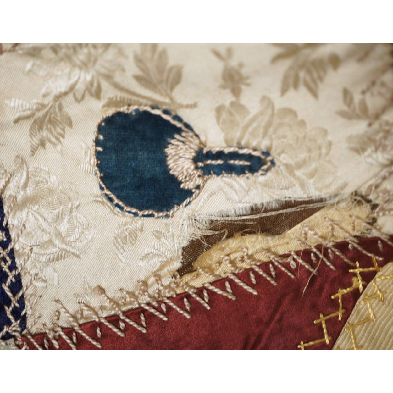 Antique Victorian Crazy Quilt Velvets Woven Silks Cats Mice Dwarves 55 x 72 1890 - Poppy's Vintage Clothing