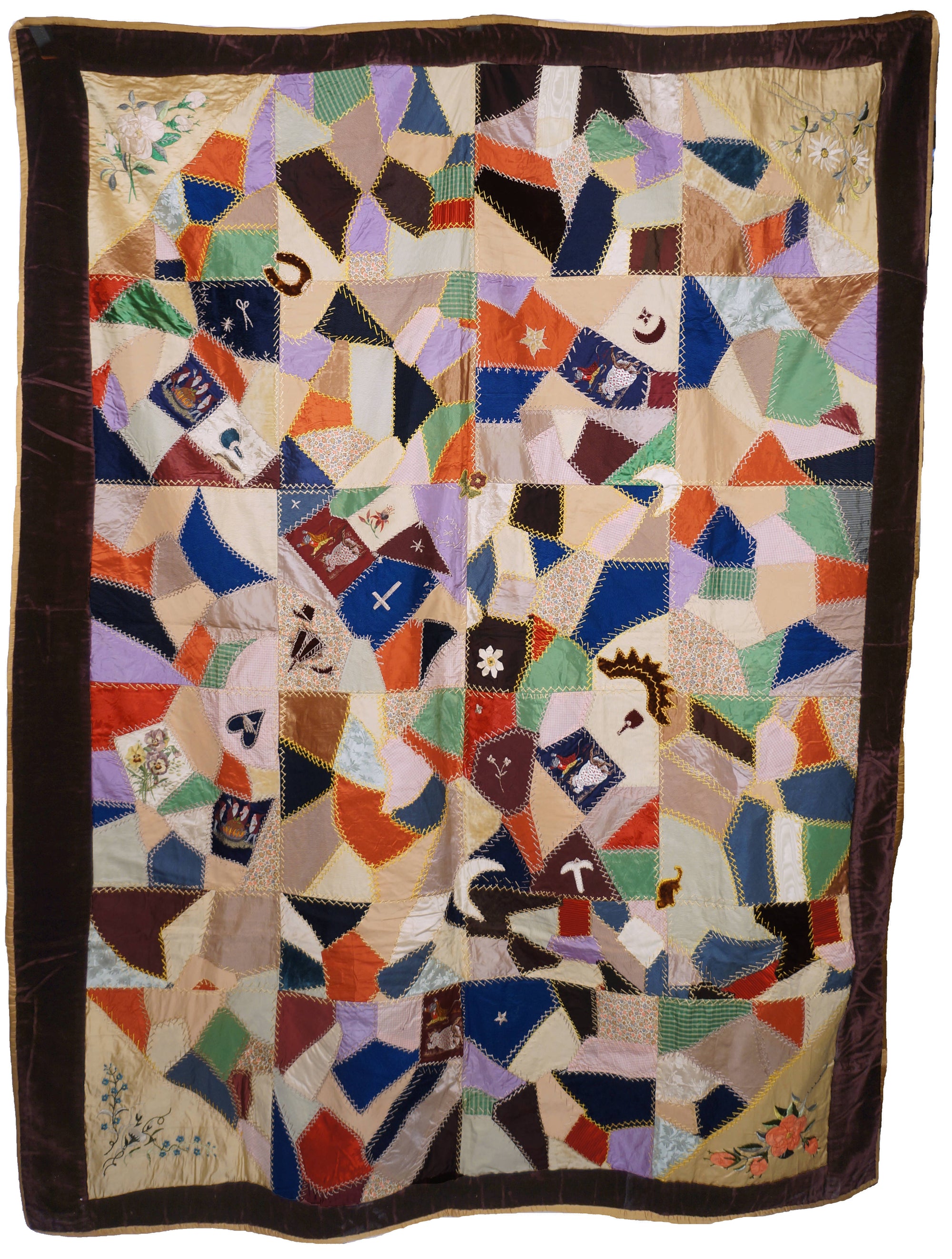 Antique Victorian Crazy Quilt Velvets Woven Silks Cats Mice Dwarves 55 x 72 1890 - Poppy's Vintage Clothing