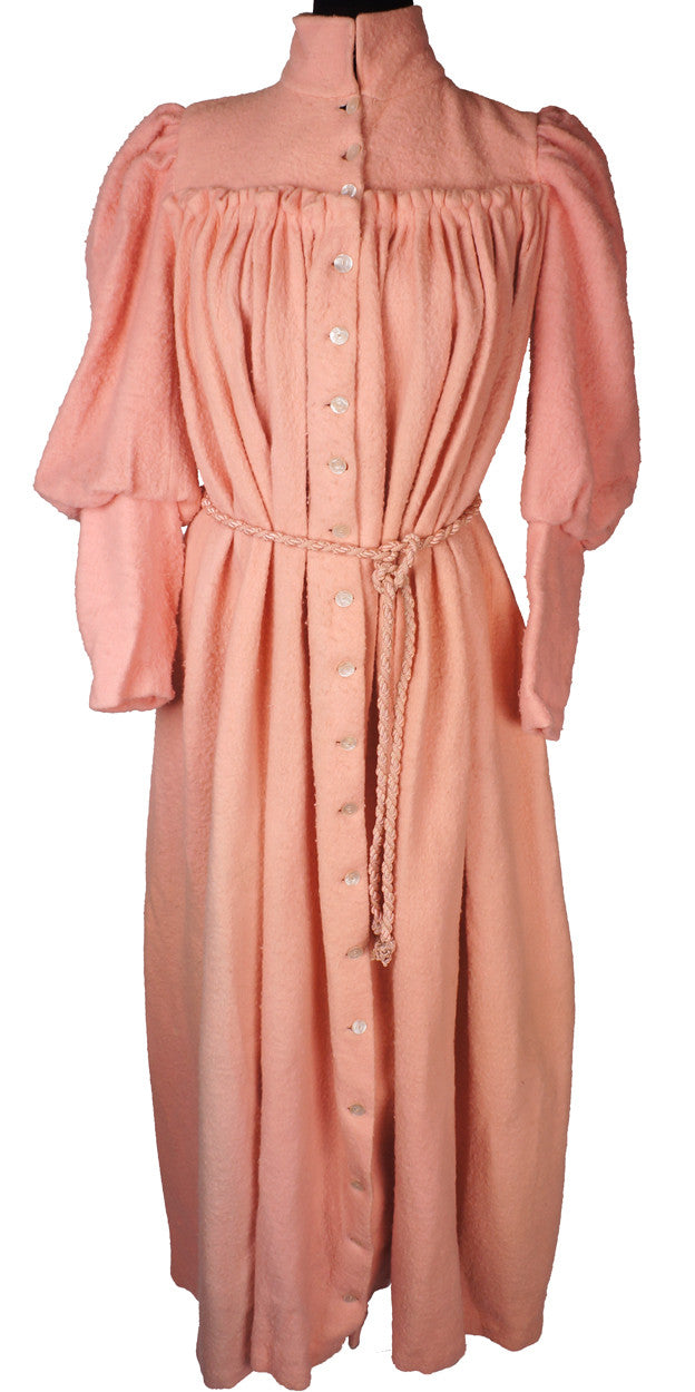 Antique Victorian Dressing Gown Pink Fleece Wool Flannel with Leg O' Mutton Sleeve - Poppy's Vintage Clothing