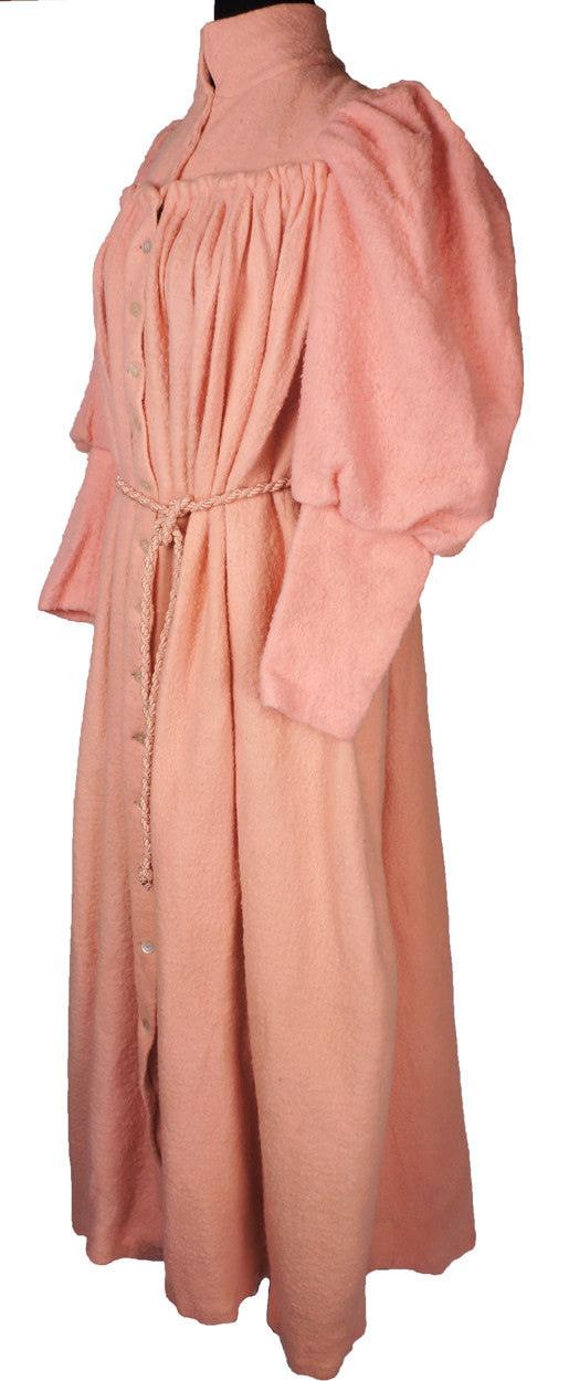 Antique Victorian Dressing Gown Pink Fleece Wool Flannel with Leg O' Mutton Sleeve - Poppy's Vintage Clothing