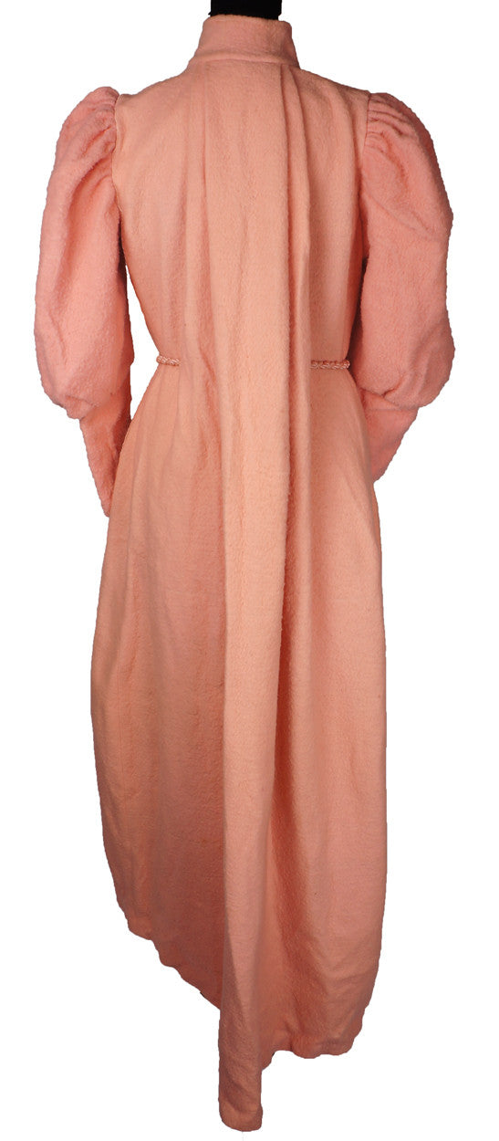 Antique Victorian Dressing Gown Pink Fleece Wool Flannel with Leg O' Mutton Sleeve - Poppy's Vintage Clothing